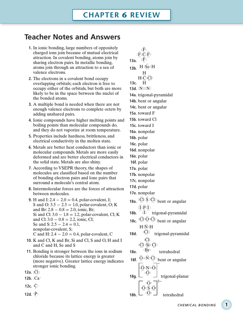 CHAPTER 25 REVIEW Teacher Notes and Answers With Chemical Bonding Worksheet Answer Key