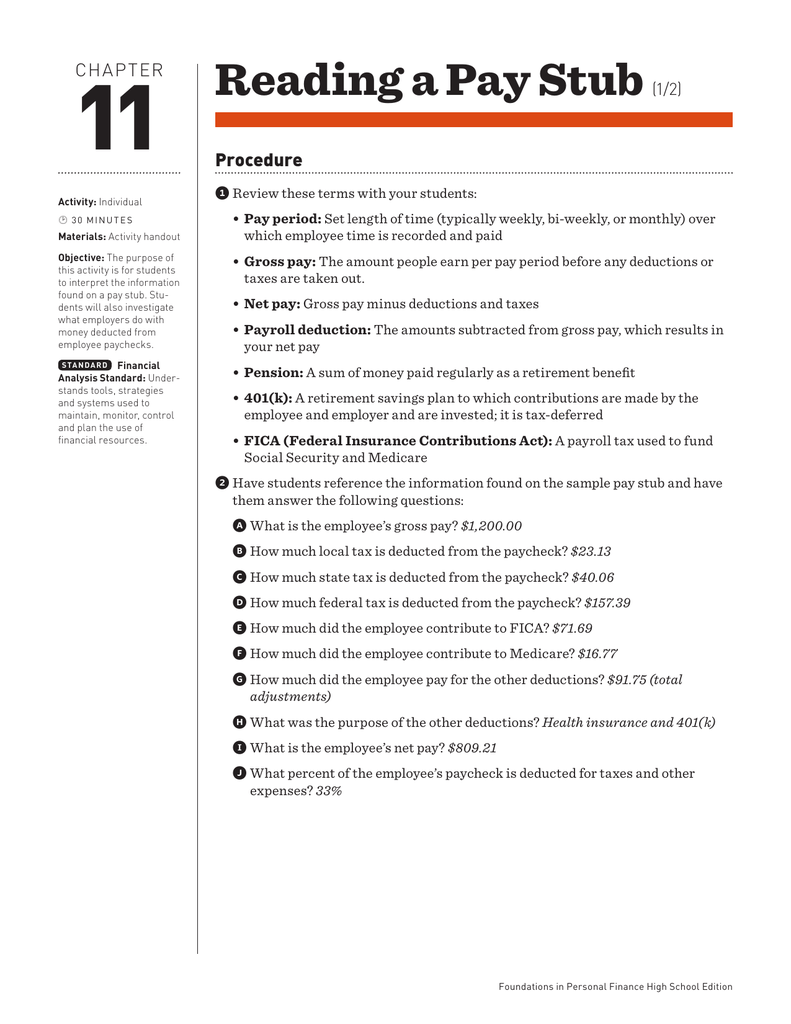 Reading a Pay Stub With Reading A Pay Stub Worksheet