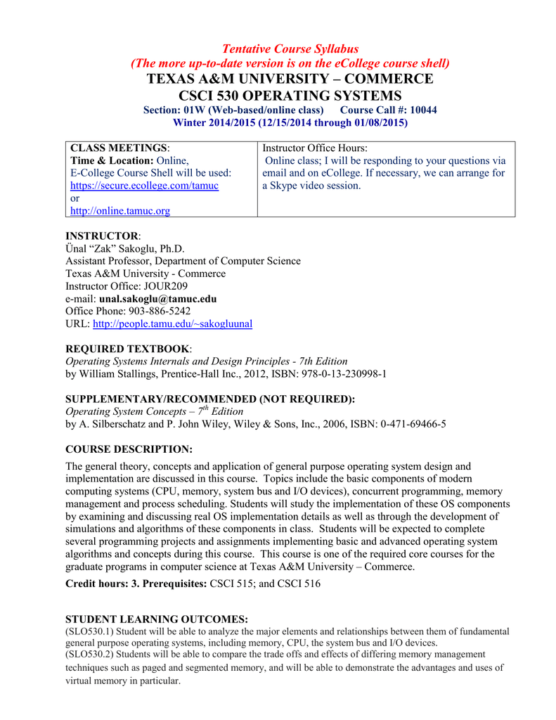 Texas A M University Commerce Csci 530 Operating Systems