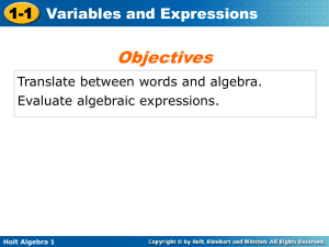 Holt Algebra 1 1-1 - Belle Vernon Area School District