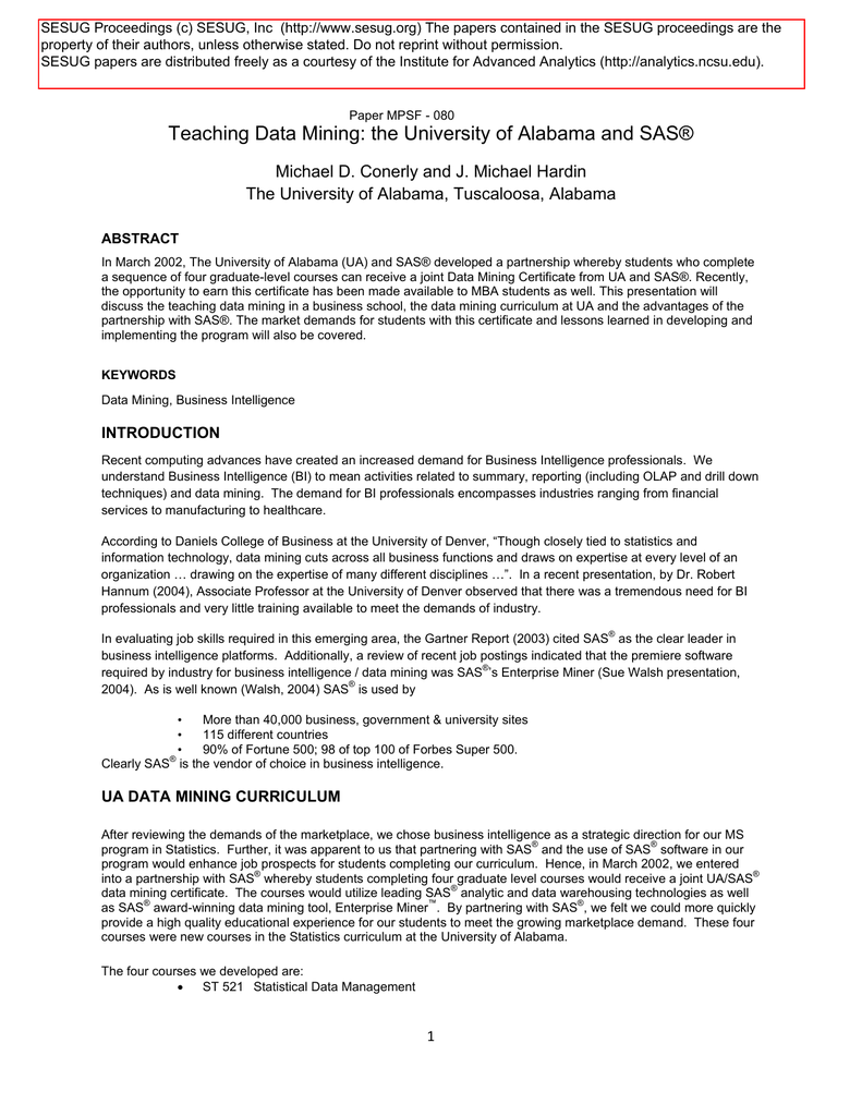 Teaching Data Mining The University Of Alabama And Sas - 