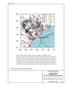 Map of 1886 offshore intensity center from Bakun and Hopper... Figure shows the offshore location of estimated intensity center (green...