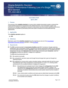 Alberta Reliability Standard System Performance Following Loss of a Single BES Element