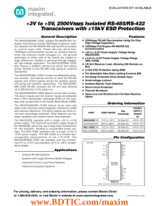 +3V to +5V, 2500V Isolated RS-485/RS-422 Transceivers with ±15kV ESD Protection RMS