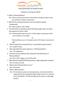CHAPTER-13 PHOTOSYNTHESIS IN HIGHER PLANTS (Question carrying one Mark) 1. What is Photosynthesis?