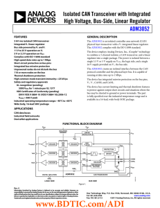 Isolated CAN Transceiver with Integrated High Voltage, Bus-Side, Linear Regulator ADM3052