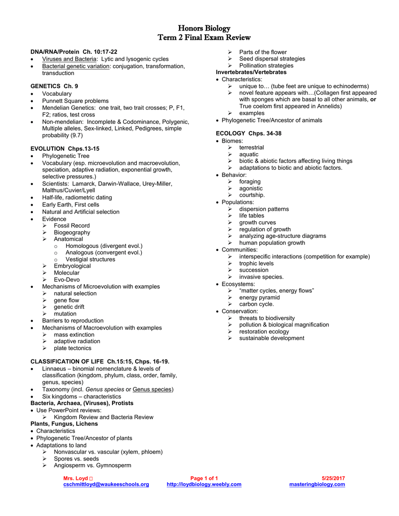 honors biology term 2 final exam review biology final exam review