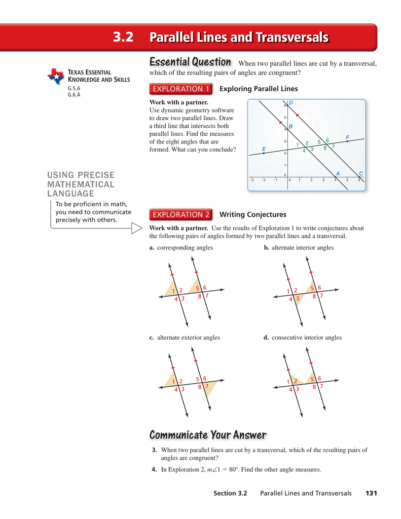 211.21 Parallel Lines and Transversals Essential Question With Regard To Parallel Lines And Transversals Worksheet