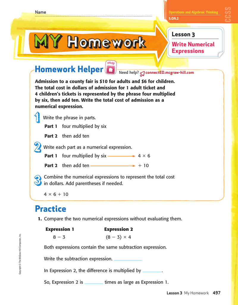 Homework Helper Lesson 26 Write Numerical Expressions