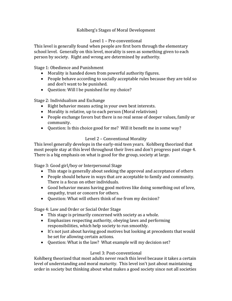 Kohlberg S Stages Of Moral Development Level 1 Pre Conventional