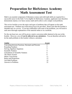 Preparation for BioScience Academy Math Assessment Test