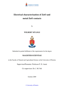 Electrical characterization of ZnO and metal ZnO contacts WILBERT MTANGI MAGISTER SCIENTIAE