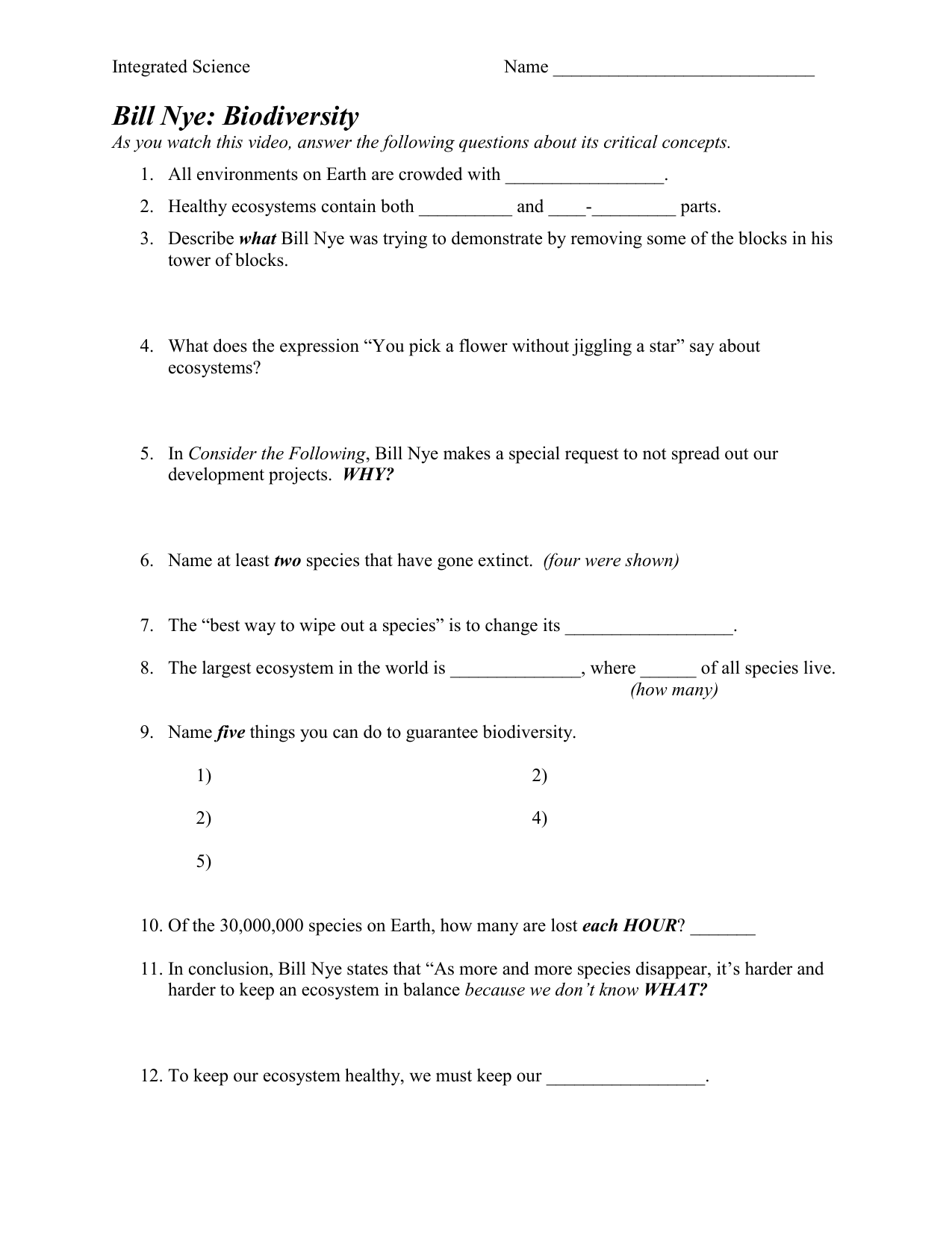 Bill Nye: Biodiversity Within Bill Nye Biodiversity Worksheet Answers