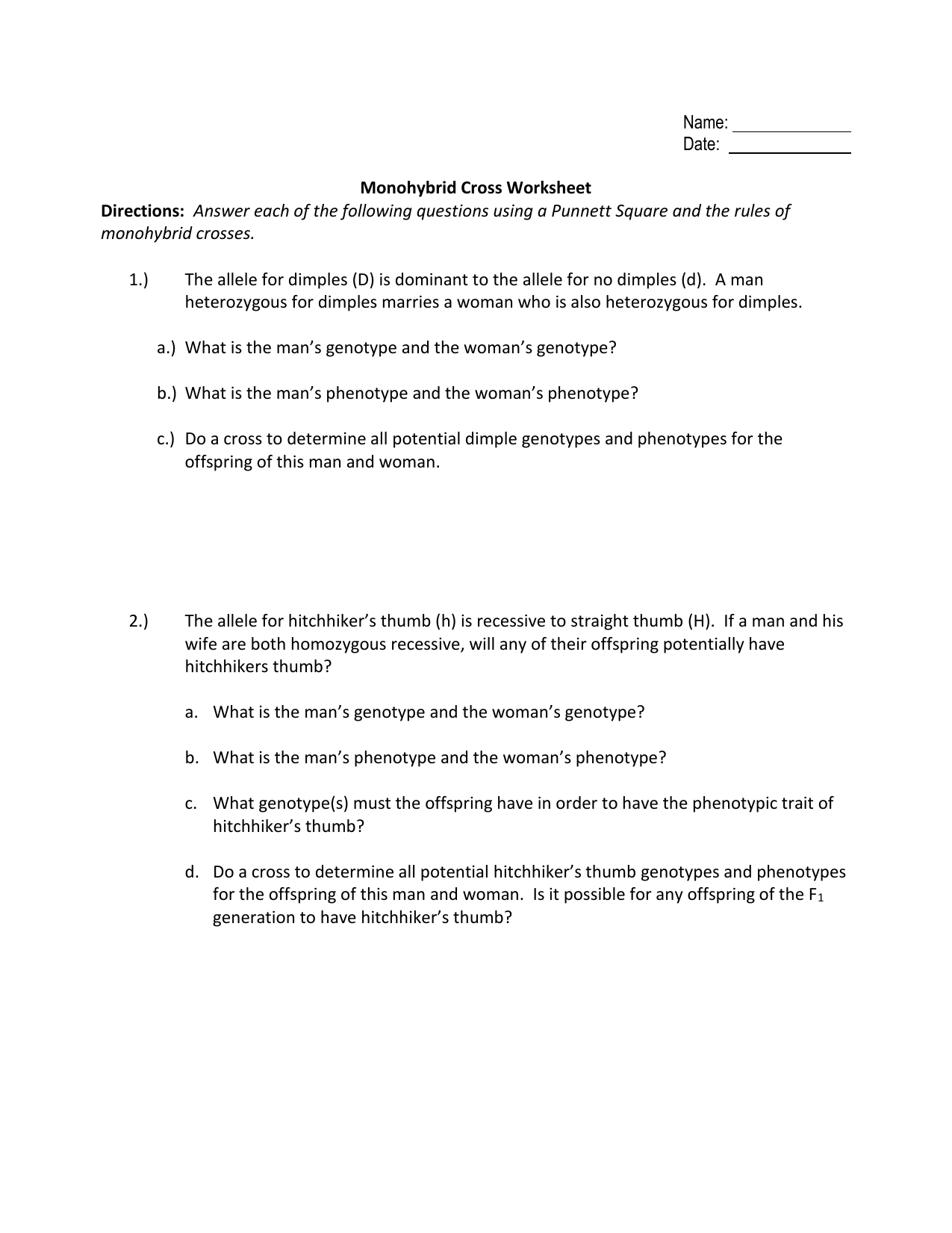 Monohybrid Cross Worksheet Intended For Monohybrid Crosses Worksheet Answers