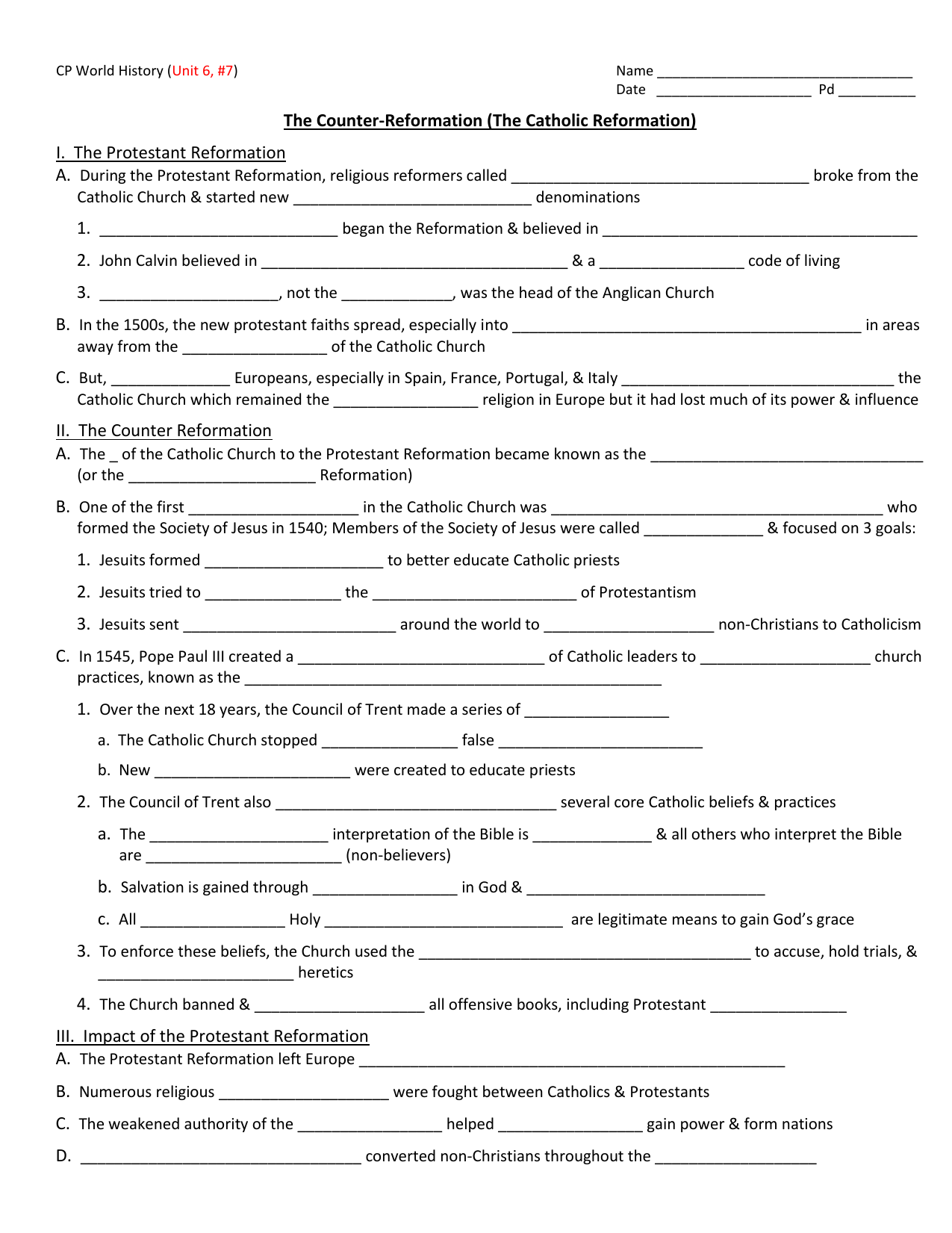 The Counter Reformation Problem Solving Activity Regarding Protestant Reformation Worksheet Answers
