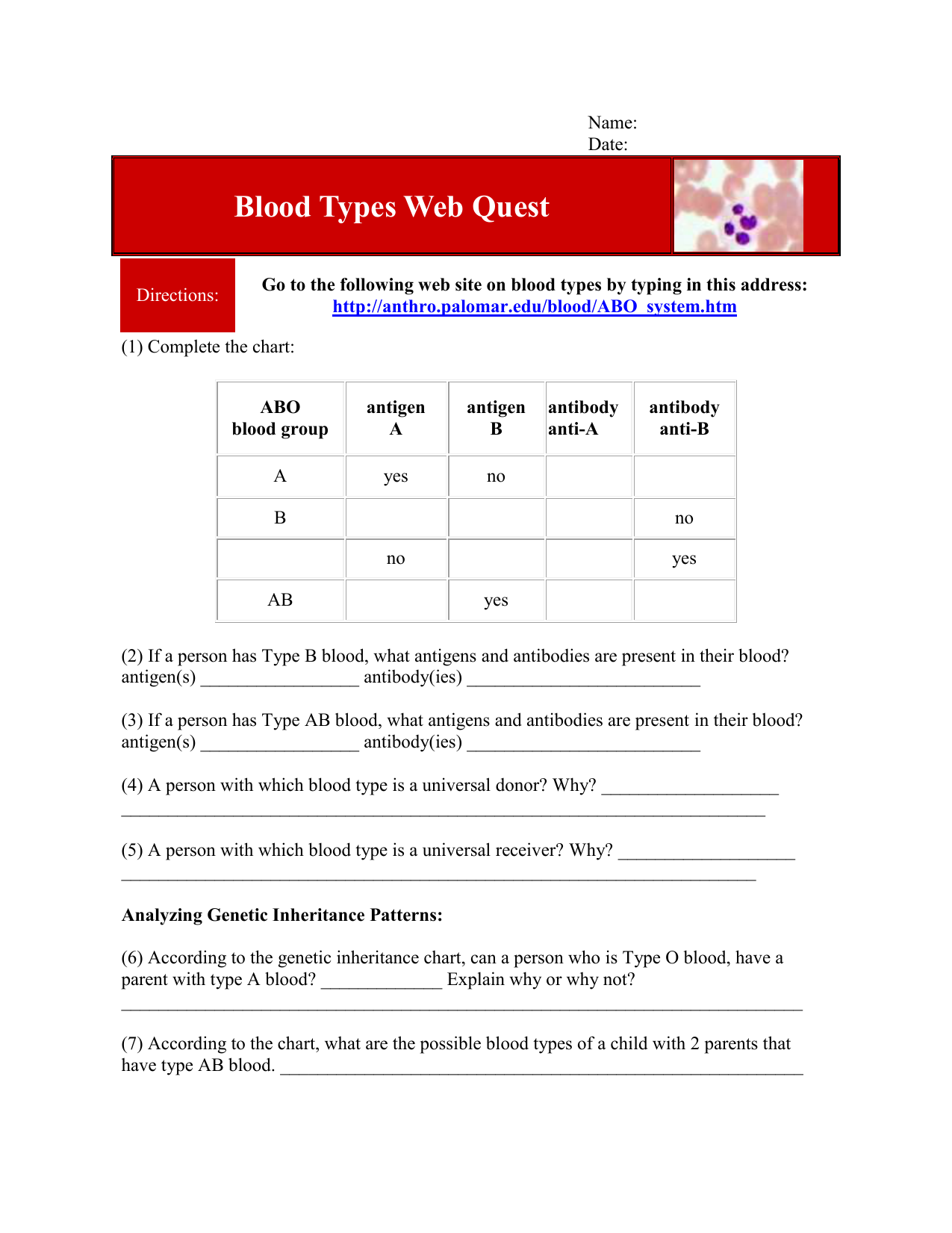 Blood Type Webquest