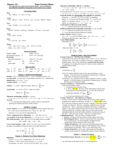Physics 121 Exam Sheet - BYU Physics and Astronomy