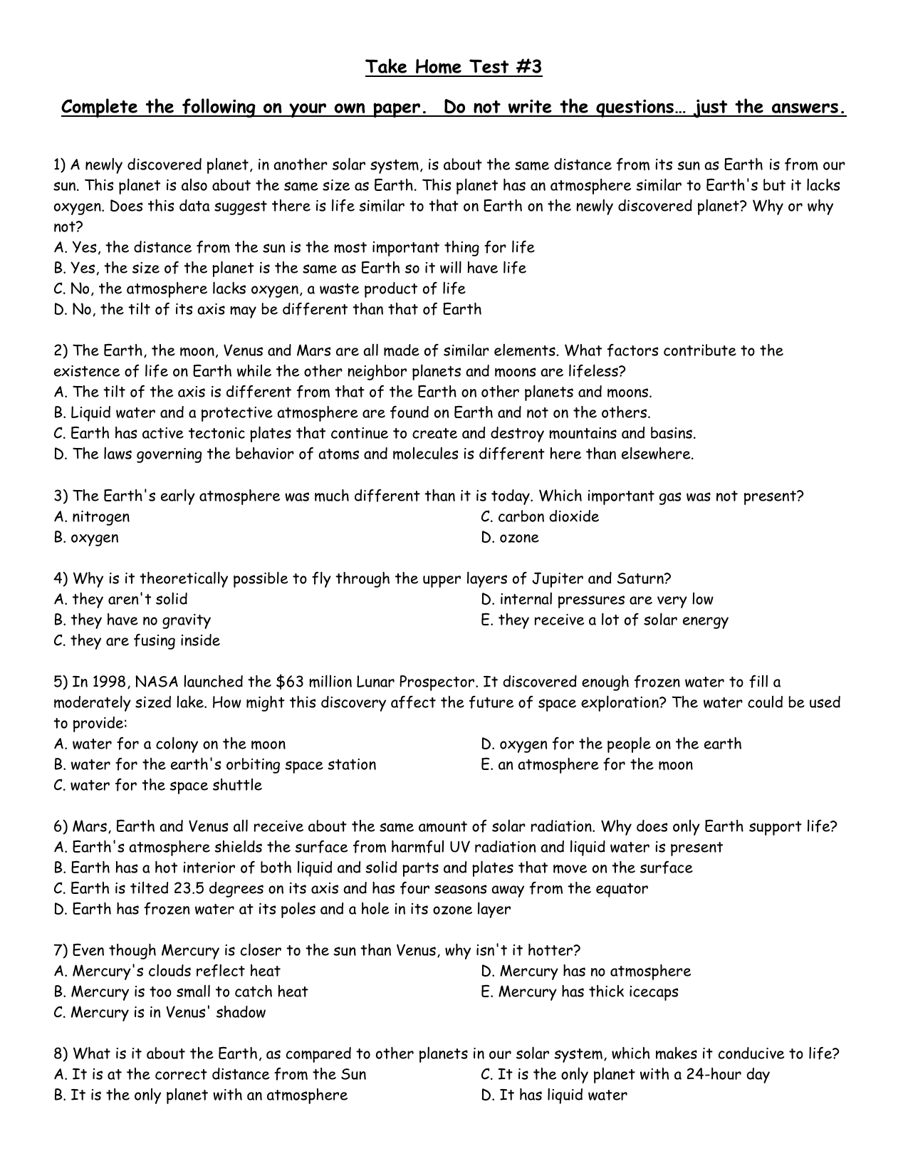 Take Home Test 3 Complete The Following On Your Own Paper Do
