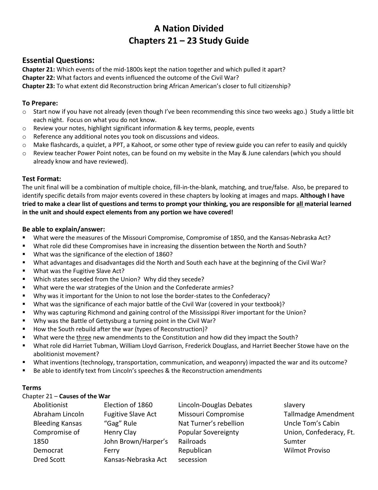 Civil War Study Guide B