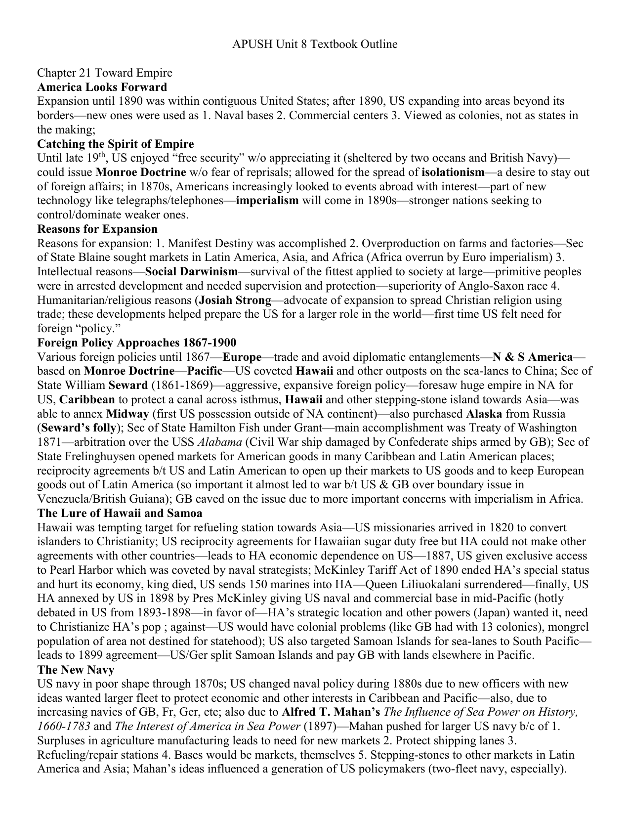Apush Unit 8 Textbook Outline Chapter 21 Toward Empire America