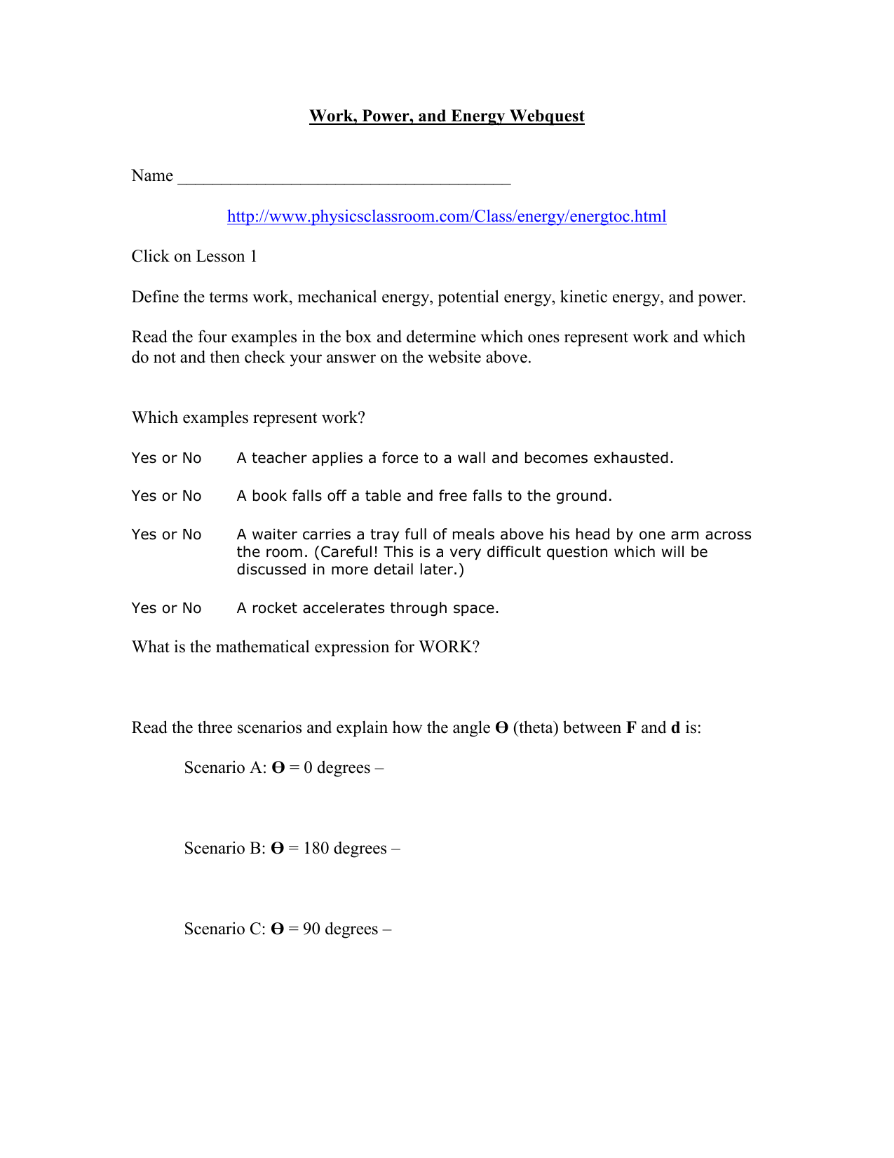 Work, Power, and Energy Webquest Throughout Work Power And Energy Worksheet