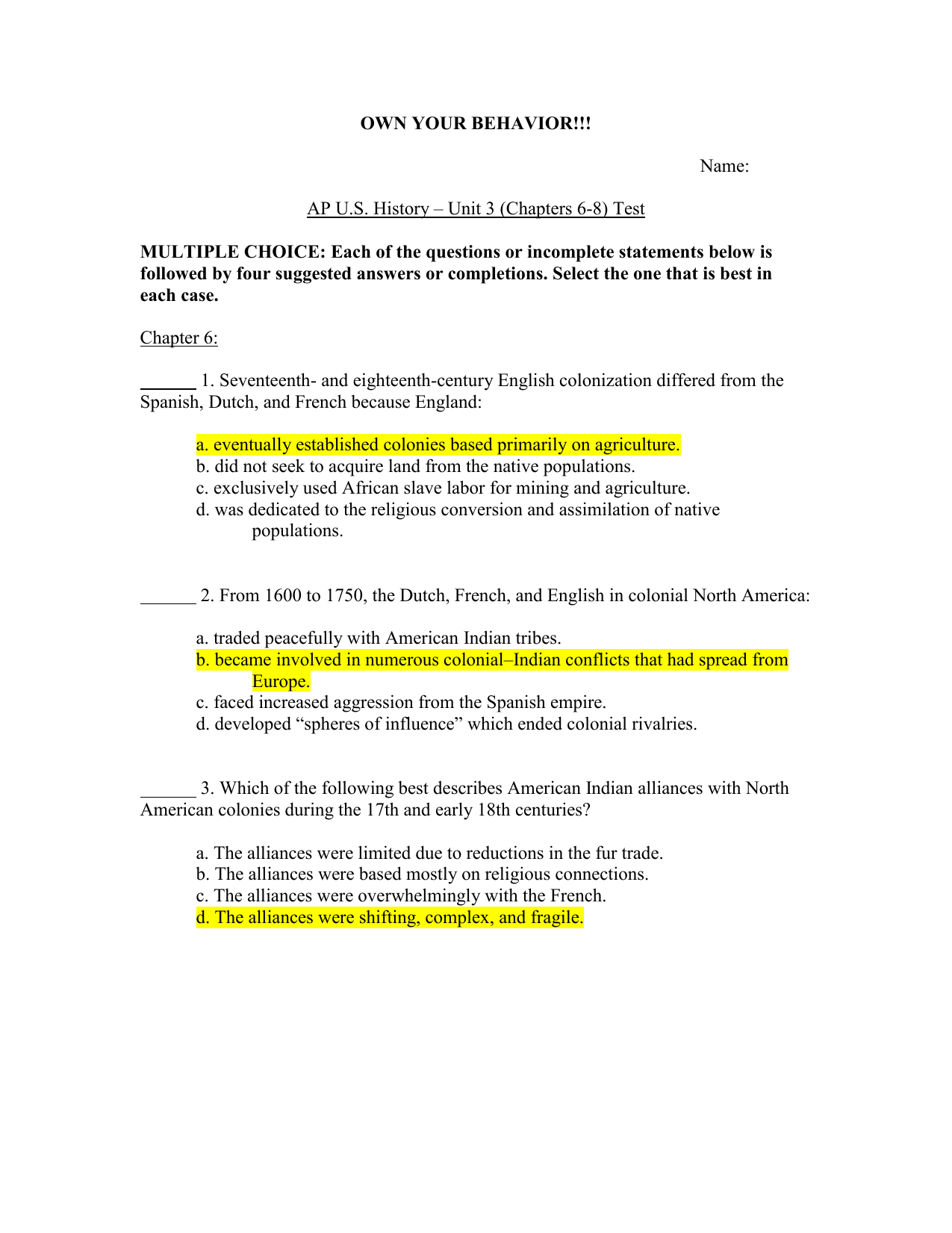 Unit 3 Test - 2014 Revisions - KEY Unit 3 Test - 2014 Revisions - KEY