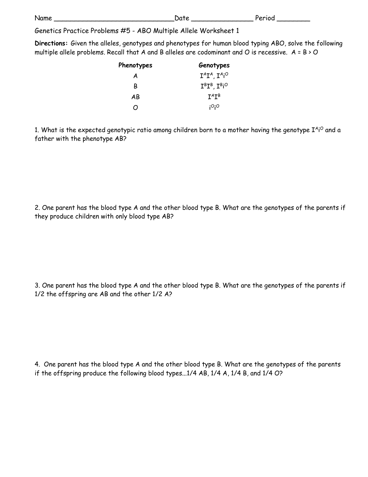 Blood Typing Genetics Problem Set #24 In Genetics Problems Worksheet Answer Key