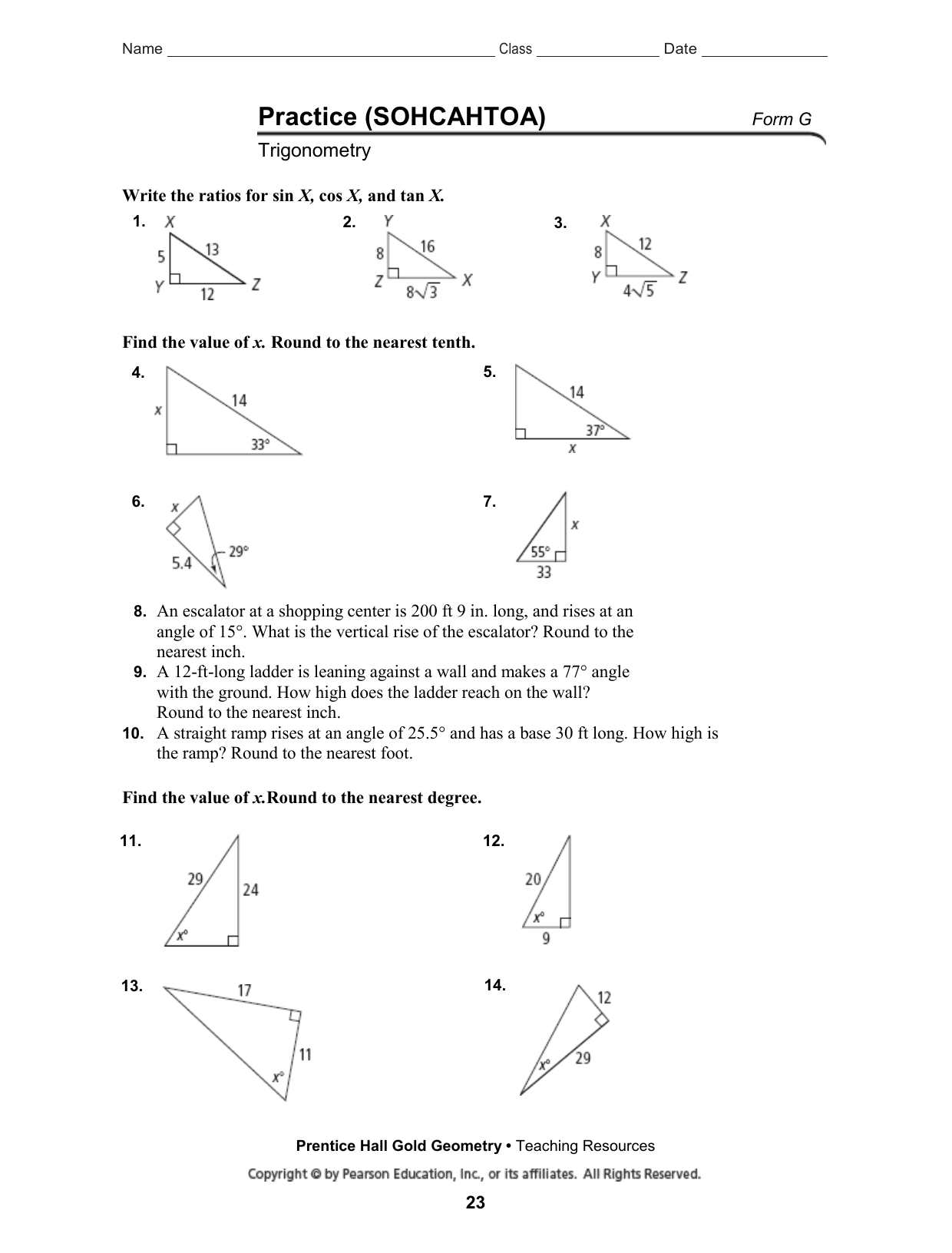 Name Class Date Practice Sohcahtoa Form G Trigonometry