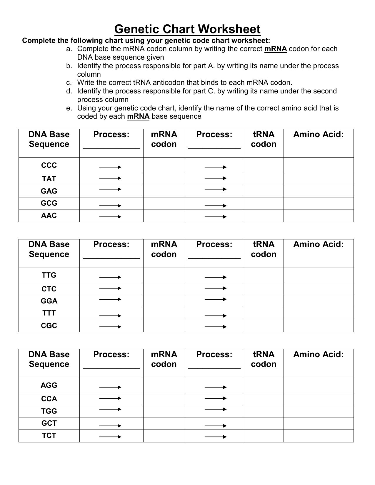 Complete The Following Chart Using Your Genetic Code Chart Worksheet