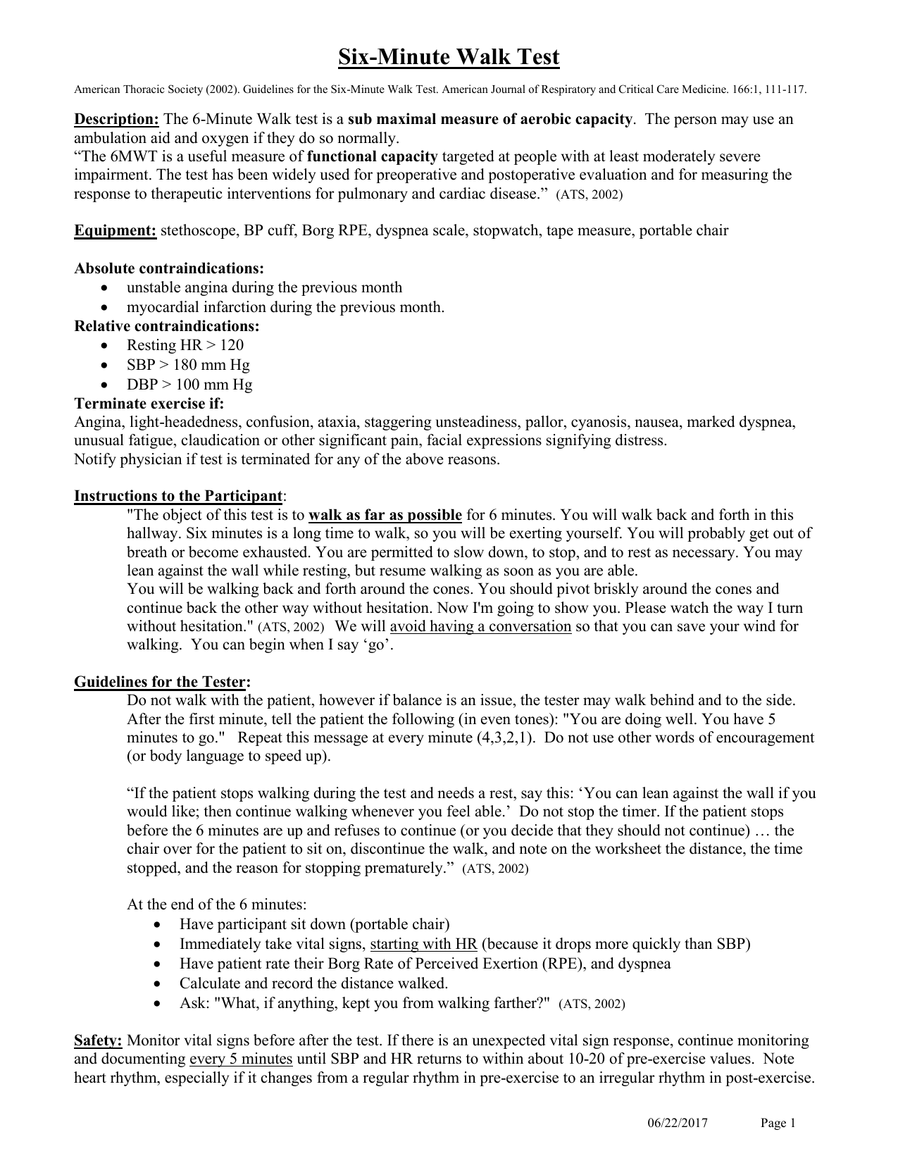 Six Minute Walk Protocol Response Guidelines Norms