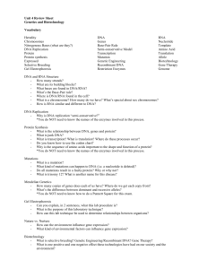 Unit 4 Review Sheet Genetics and Biotechnology Vocabulary