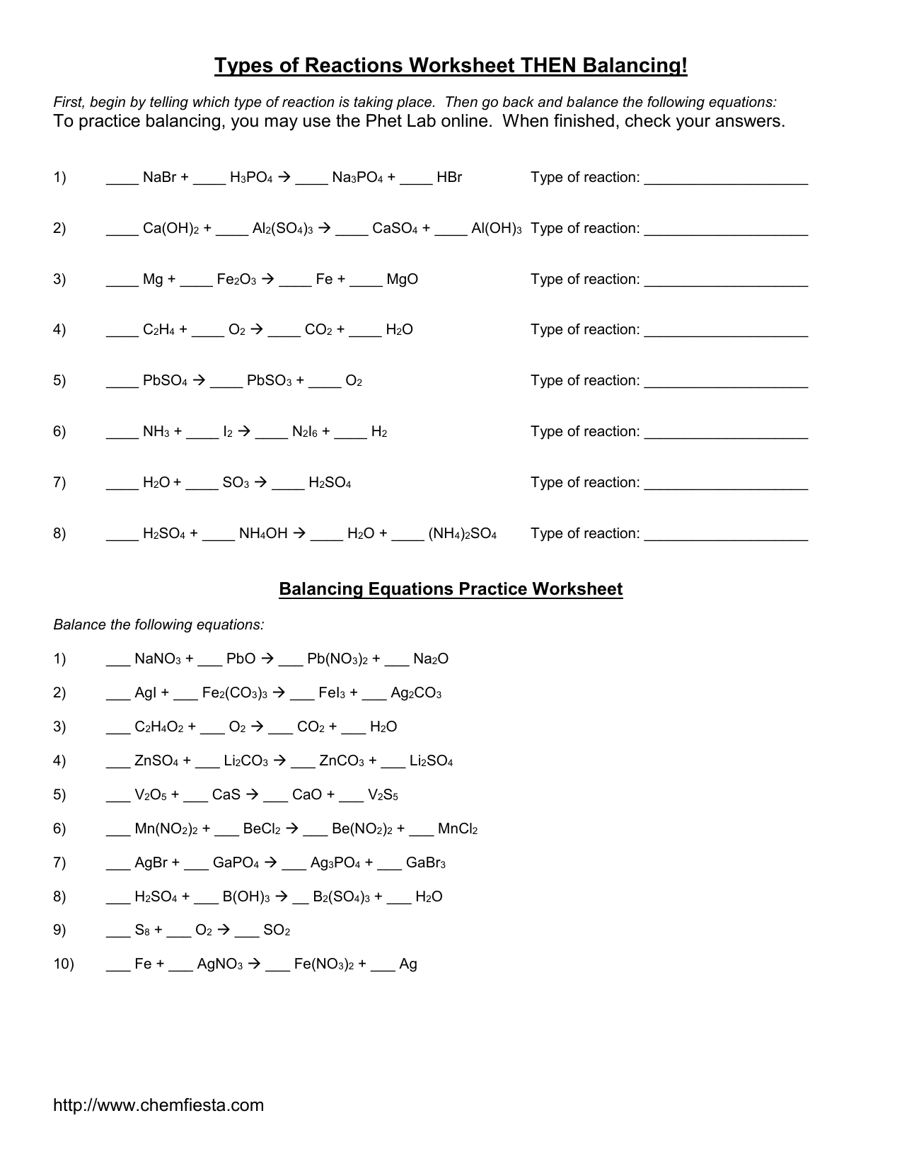 Balancing Equations Practice Worksheet For Types Of Reactions Worksheet Answers