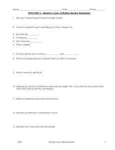 FOPS UNIT 3 – Newton`s Laws of Motion Review Worksheet