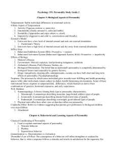 Psychology 155: Personality Study Guide 2 Chapter 5: Biological