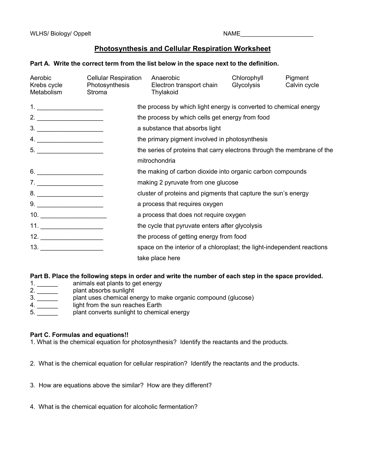 Photosynthesis And Cellular Respiration Comparison Chart Answers