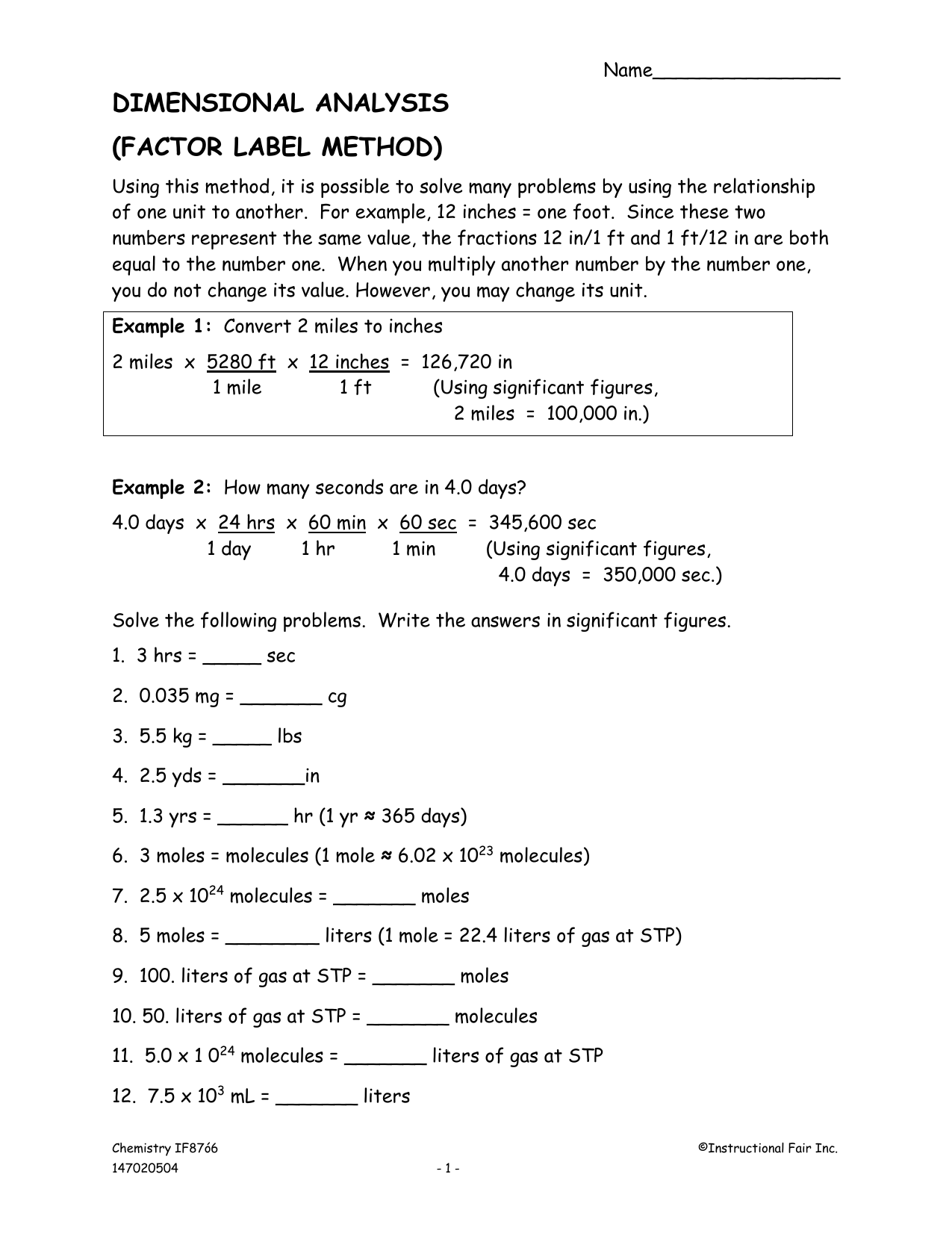 dimensional analysis - Dr. Vernon- With Dimensional Analysis Worksheet Answers Chemistry