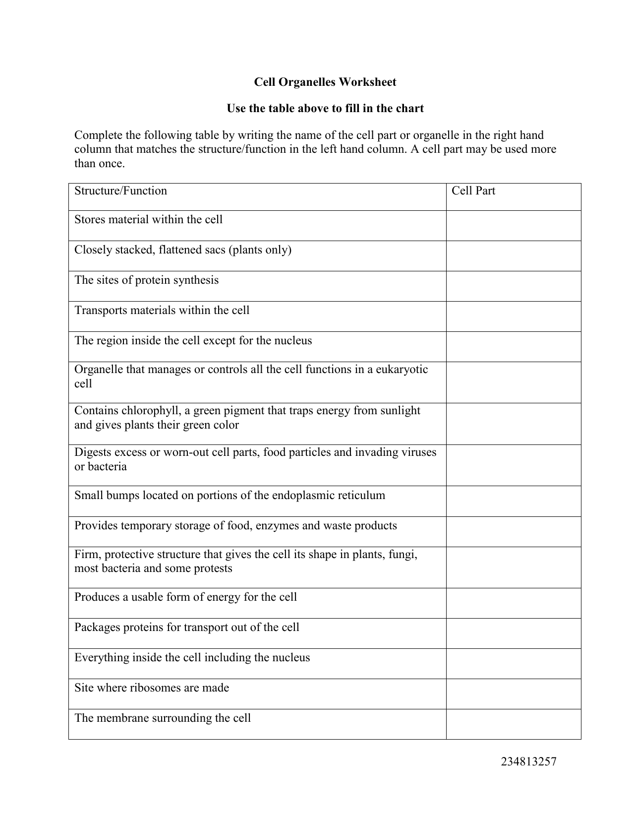 Cell Organelles Worksheet Answered Cell Organelles