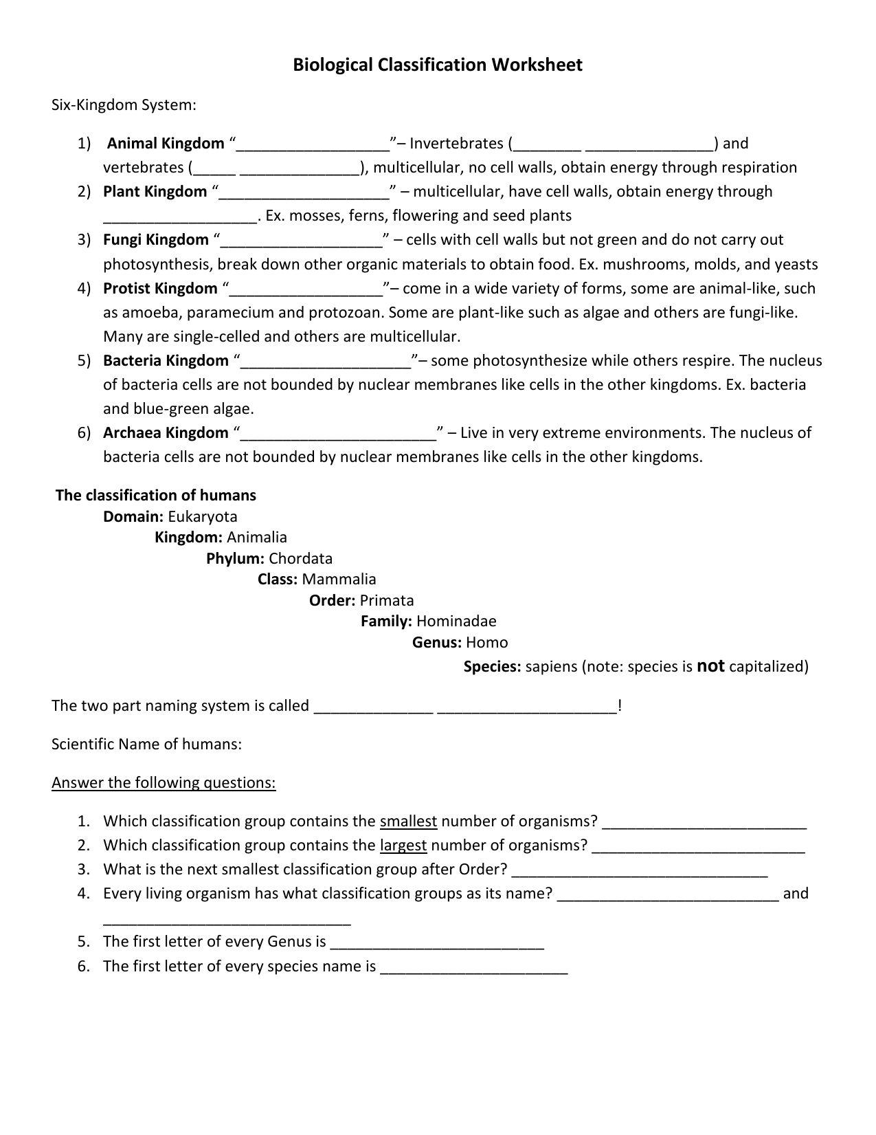 Biological Classification Worksheet Six Within Biological Classification Worksheet Answer Key