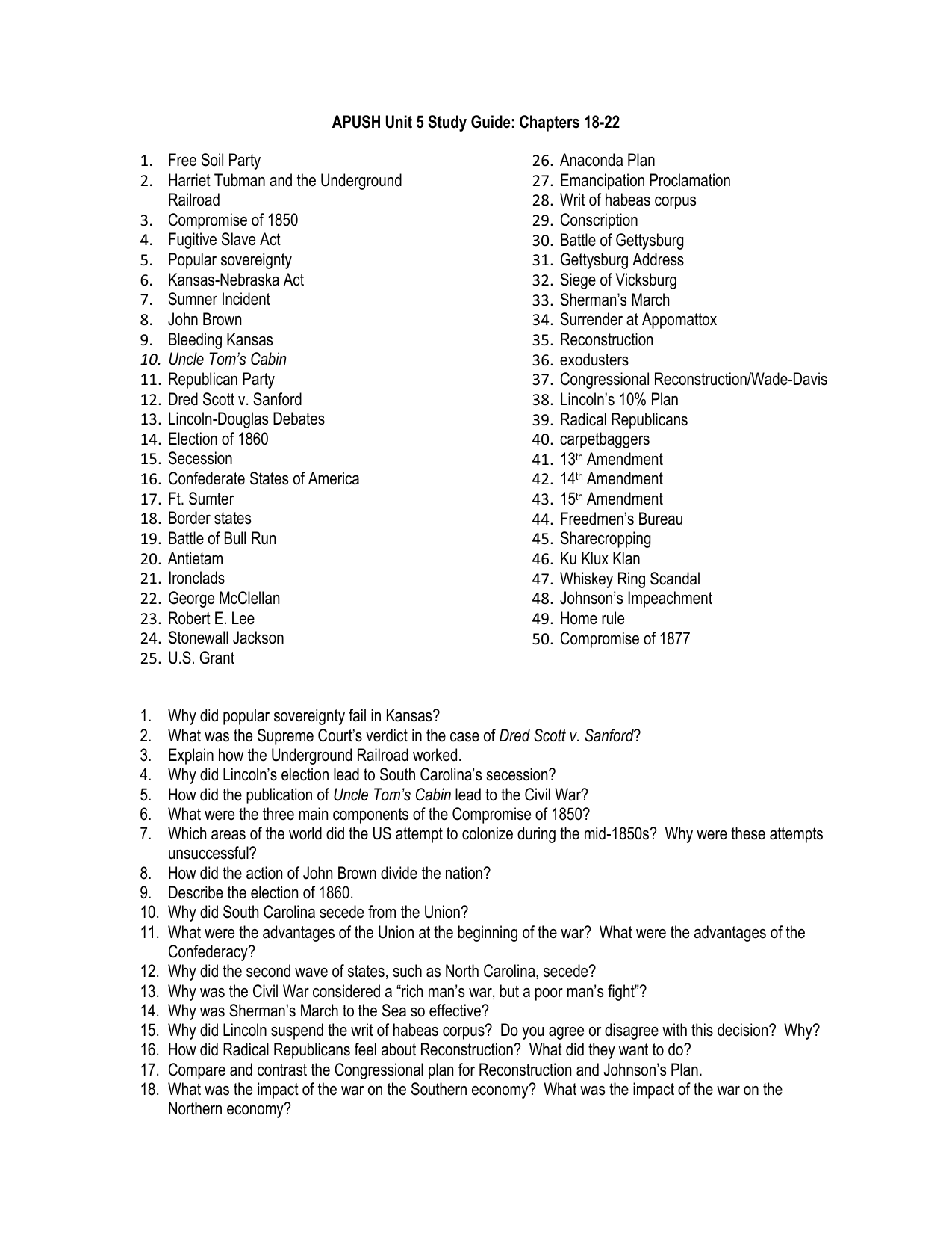 Apush Unit 5 Study Guide Chapters 18