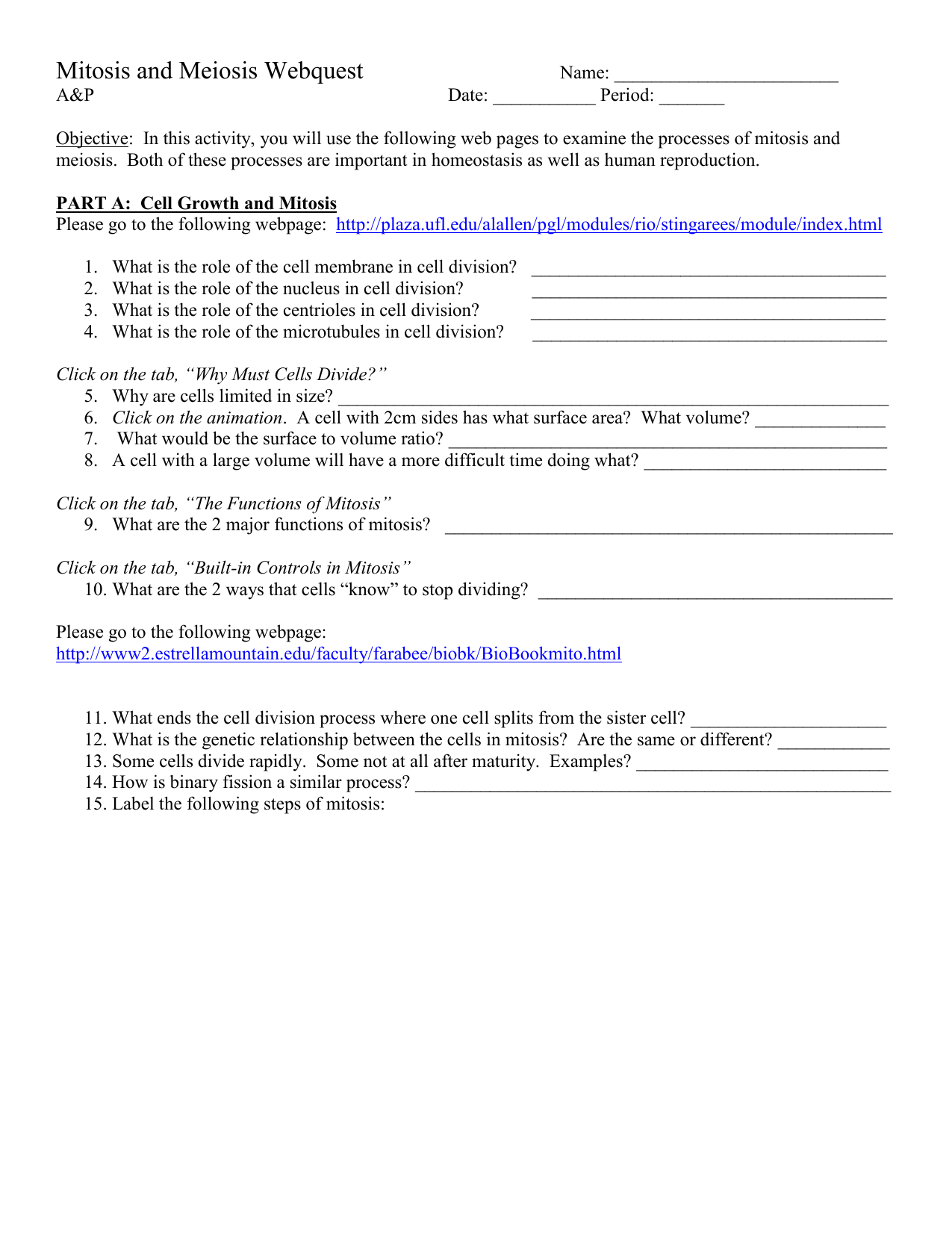 Mitosis And Meiosis Webquest