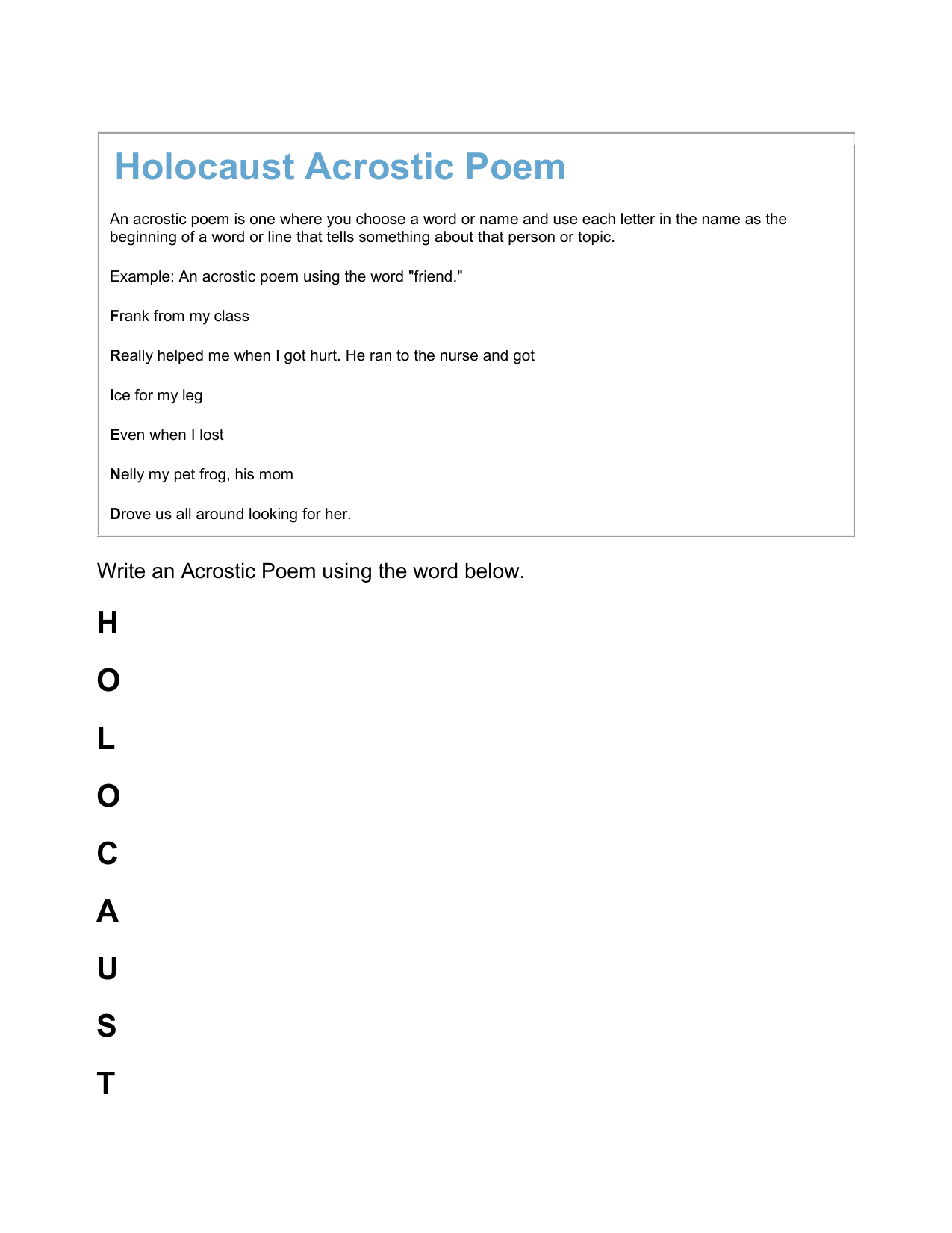 Holocaust Acrostic Poem Holocaust Acrostic Poem