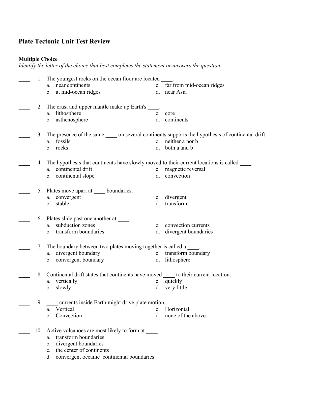 Plate Tectonic Unit Test Review