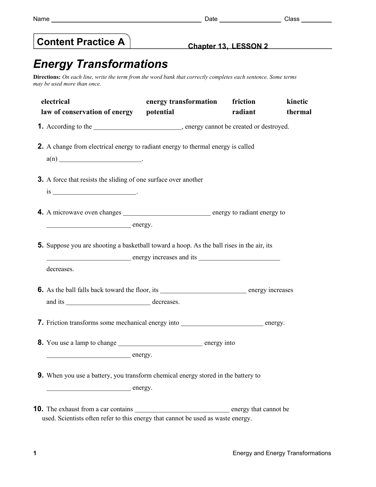 Energy Transformations - A`Takamul Grade 22 Science Regarding Energy Transformation Worksheet Answer Key