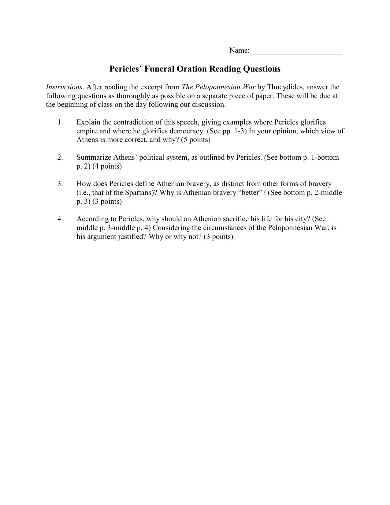 Pericles Funeral Oration Questions