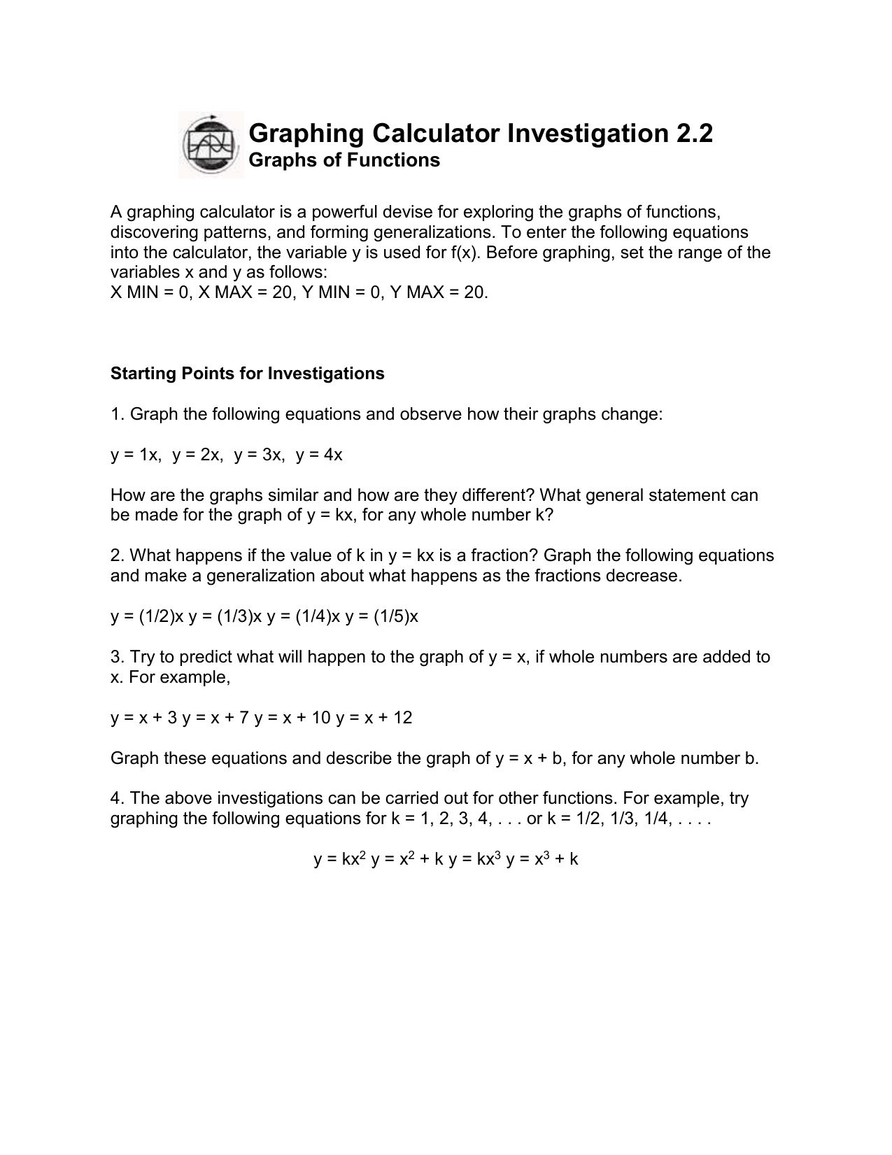 Graphs Of Functions Instructions Word Format