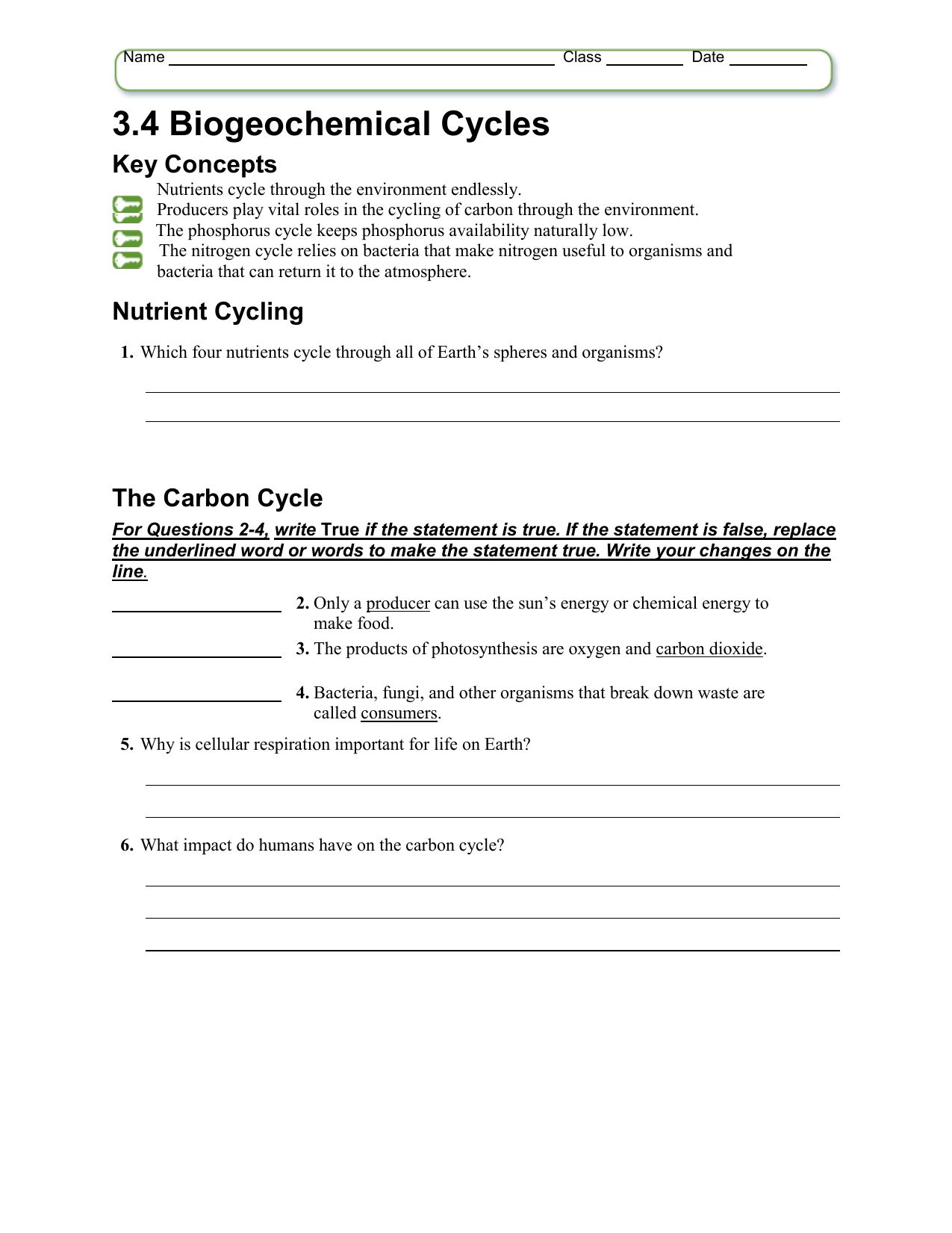 Biogeochemical Cycles Worksheet Intended For Nutrient Cycles Worksheet Answers