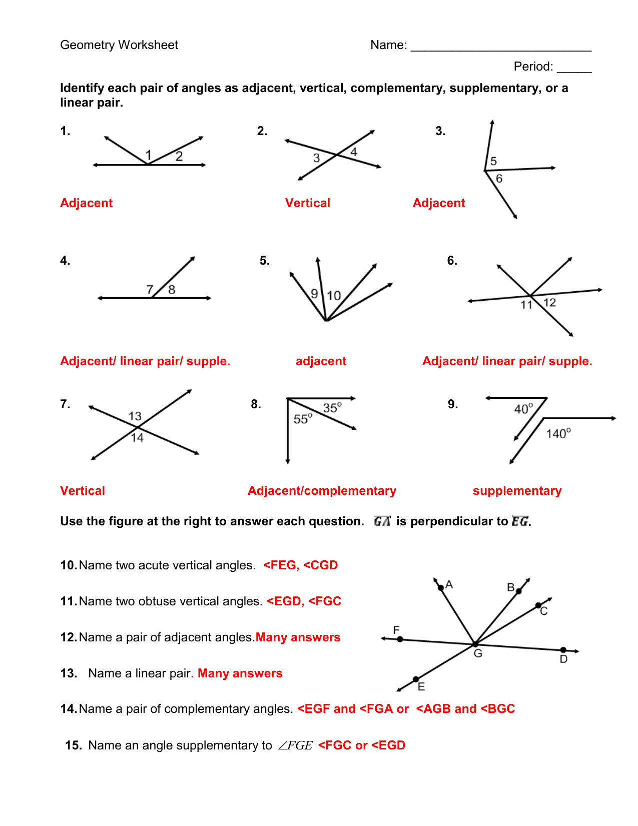 Identify each pair of angles  as adjacent, vertical, complementary Inside Vertical Angles Worksheet  Pdf