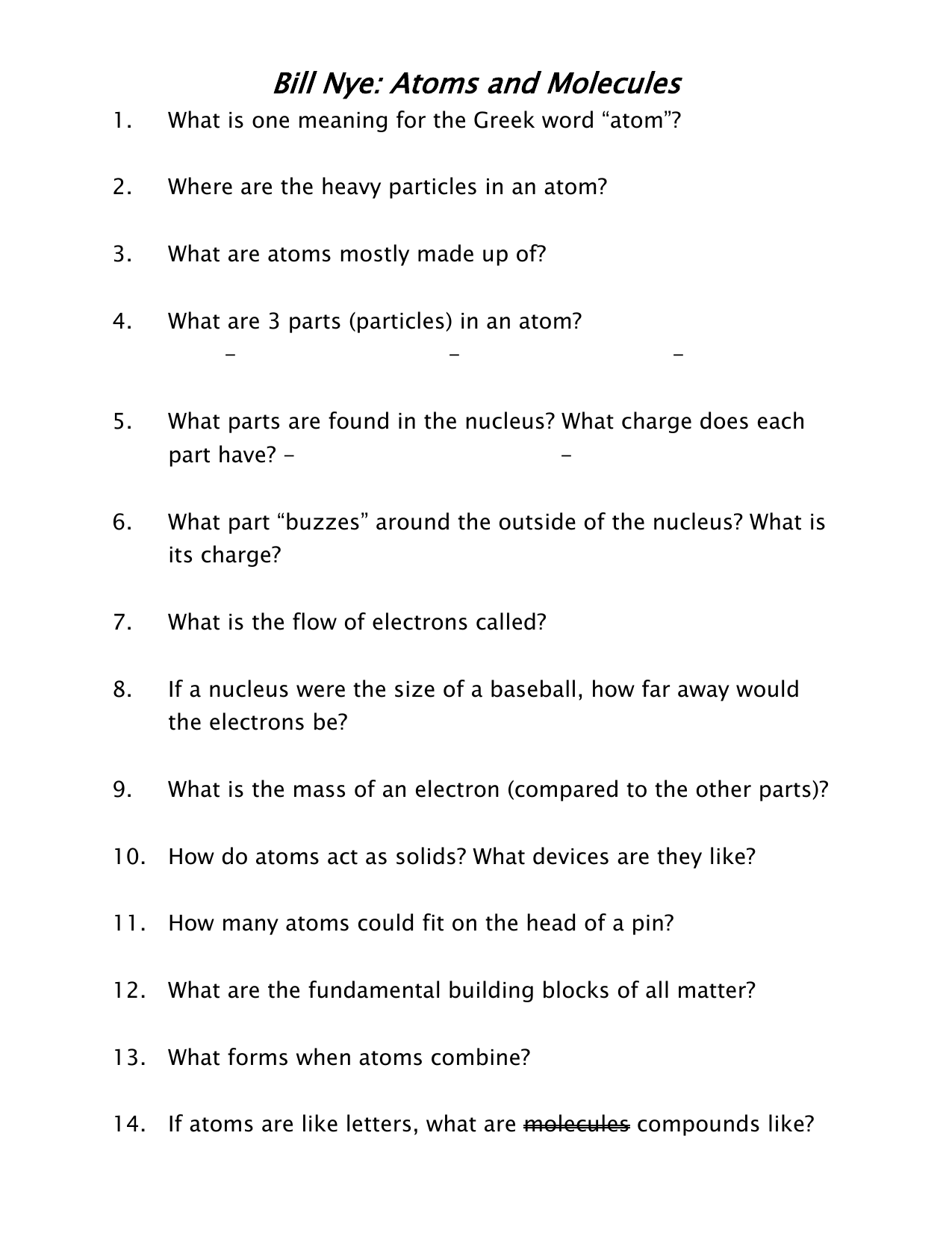 Bill Nye Atoms and Molecules Pertaining To Bill Nye Atoms Worksheet Answers