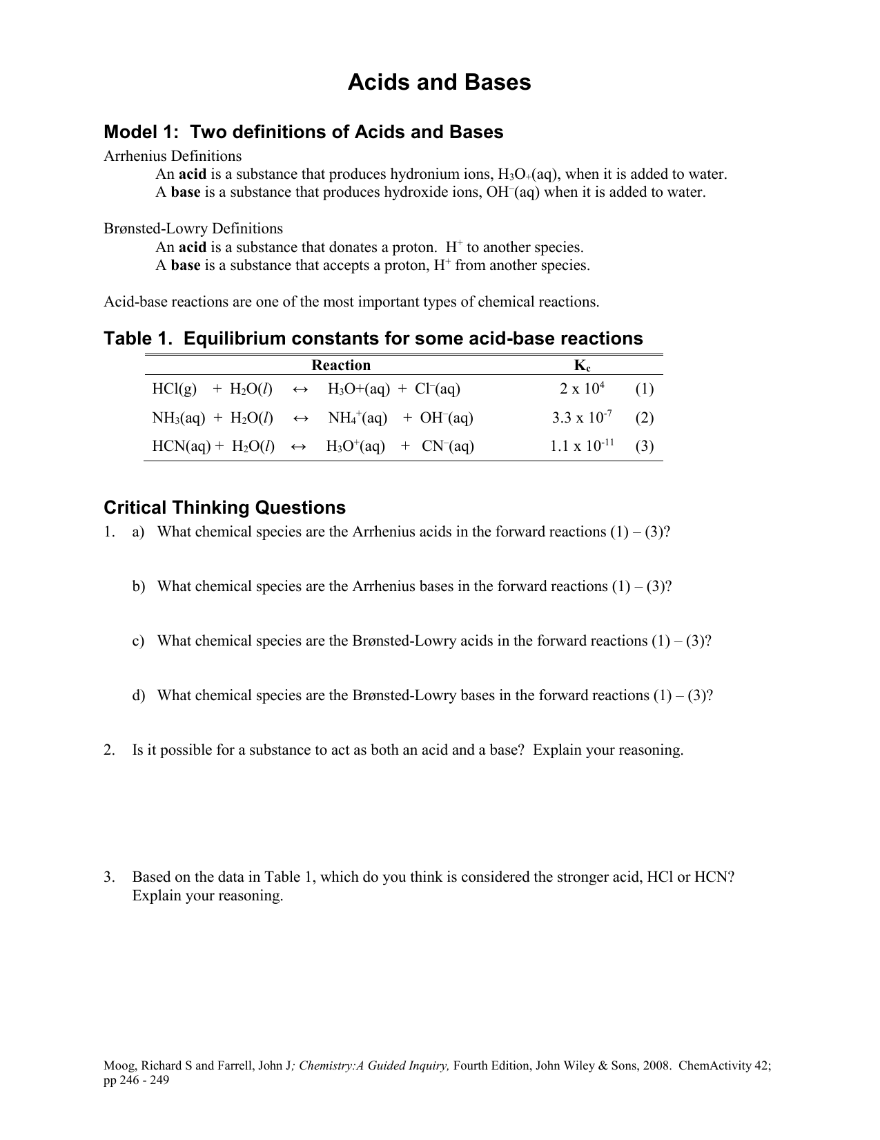 Acids and Bases (pogil) In Acid Base Reaction Worksheet