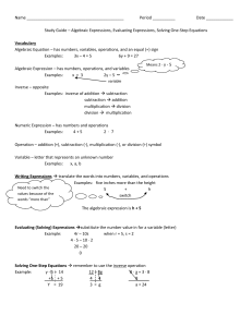 Name Period ______ Date ______ Study Guide – Algebraic